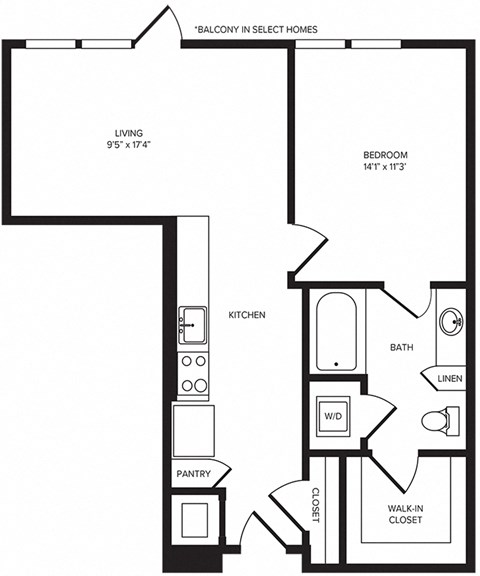 Floor plan for 1 bed, 1 bath, 707 sqft